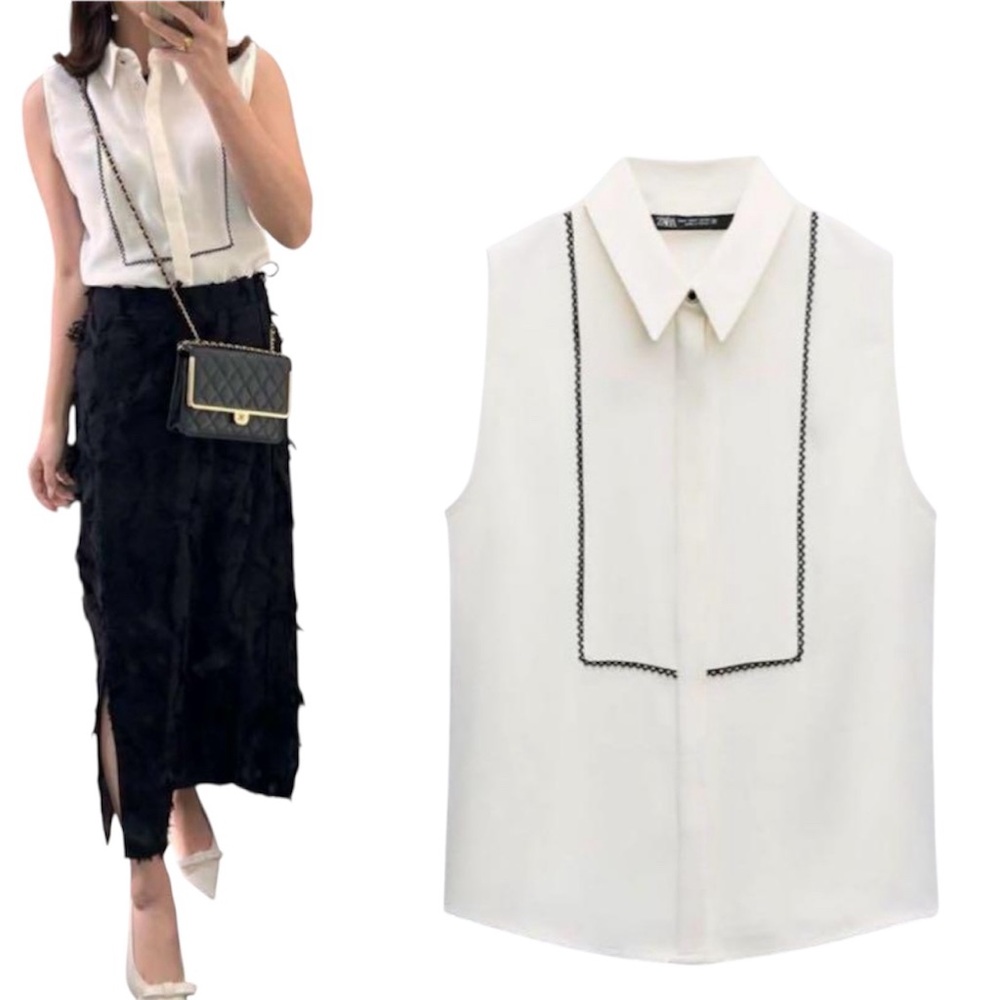 Zara Cream Blouse with Black Accents